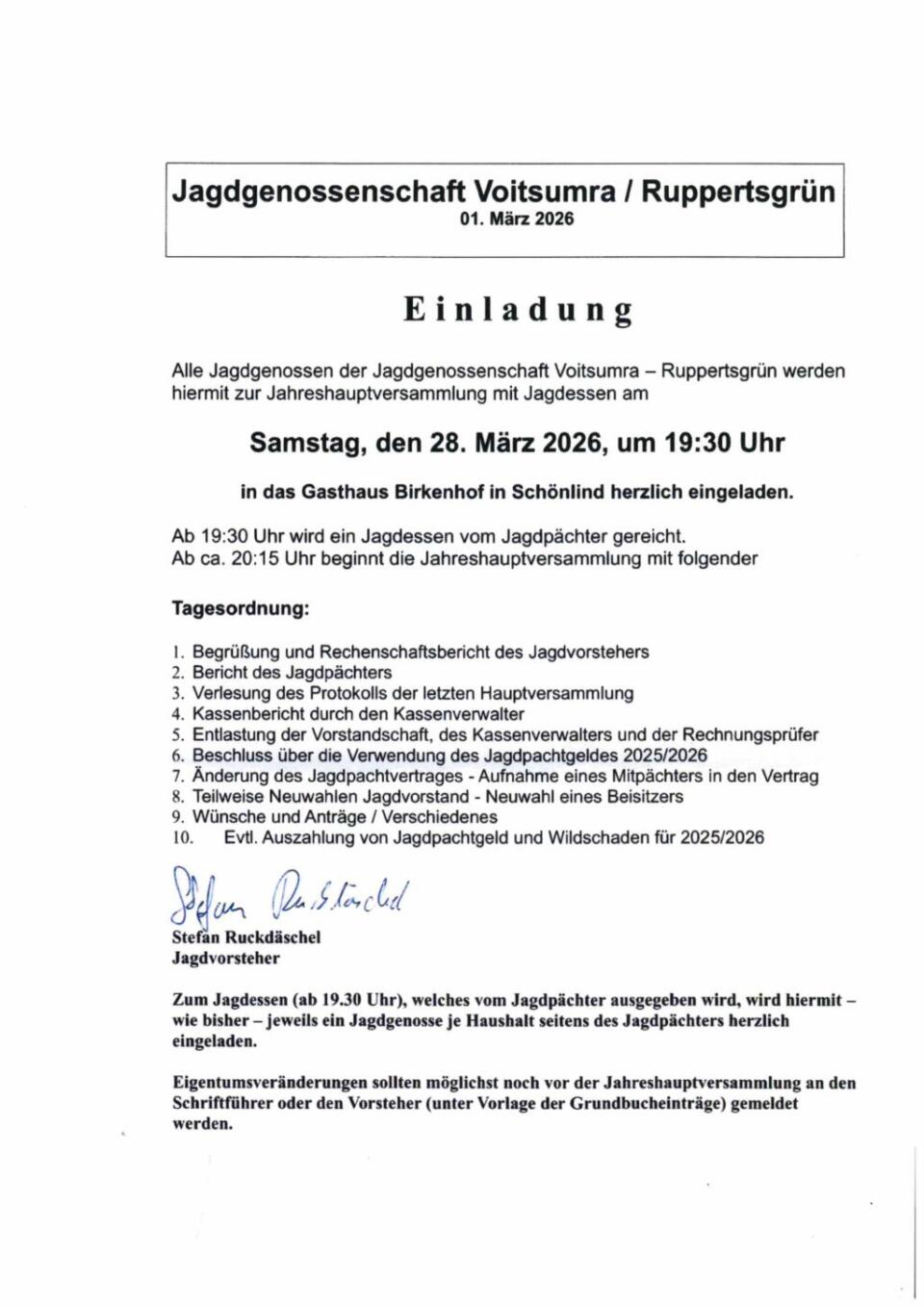 Jah­res­haupt­ver­samm­lung Jagd­ge­nos­sen­schaft Voits­um­ra / Ruppertsgrün